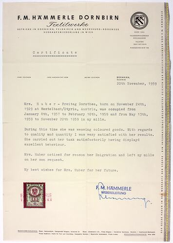 Employment Reference - F.M. Hammerle, Dorothea Huber-Freitag, Dornbirn, Austria, 20 Nov 1959