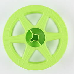 Circular plastic film reel with six spokes.