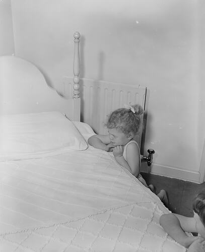 Two Children Kneeling By a Bed, Domestic Interior, Victoria, 20 Aug 1959