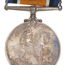 Round silver medal with man on horse. Hangs from metal bar and blue, black, white, orange ribbon.