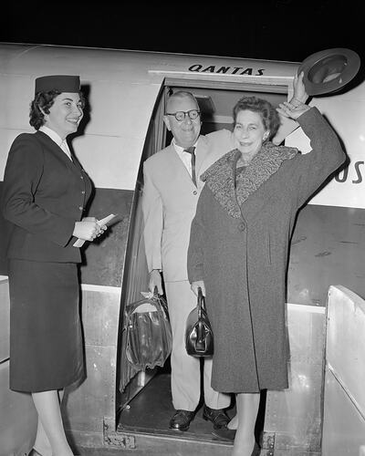 Qantas Airways Ltd, Pair Exiting an Aeroplane, Essendon Airport, Victoria, 14 Oct 1959