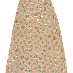 Full-length cape, salmon pink with metallic gold circles.