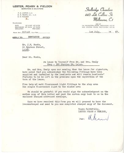 Letter - Lease for Woods Special O Drapiers, Lalor, John & Barbara Woods, 1 Jul 1965