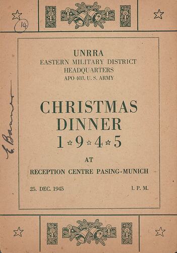 Menu - Christmas Dinner, UNRRA, Pasing-Munich, Germany, 25 Dec 1945