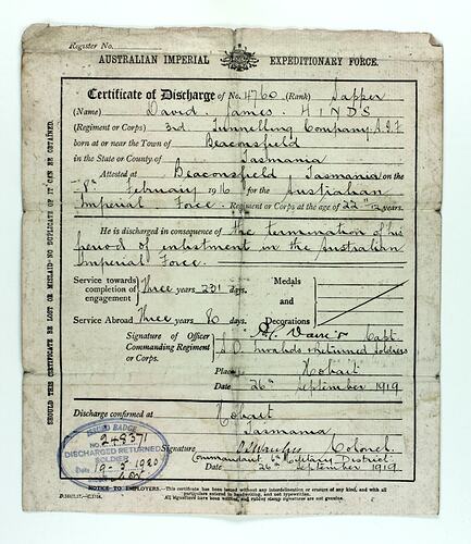 Certificate, printed and hand-written, front.