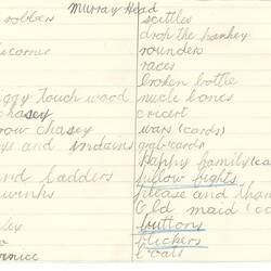 Document - Murray Head, to Dorothy Howard, List of Games, 1955