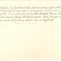 Document - Lynette Doyle, Addressed to Dorothy Howard, Description of Chasing Game 'Hospital Chasings', 1954-1955