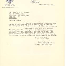 Letter - Donald Tribolet, to Dorothy Howard, Acknowledgement of Receipt of Dr Howard's Letter & Organisation of Schools Participating in Research Project, 18 Nov 1954