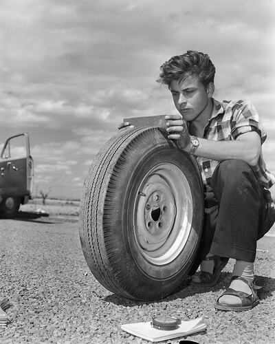 BF Goodrich Australia, Worker Measuring a Tyre, Somerton, Victoria, 04 Feb 1960