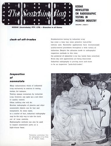 Printed newsletter page with photograph of x-rayed statue.