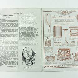 Open booklet pages 18 and 19 with advertisement and cartoon.