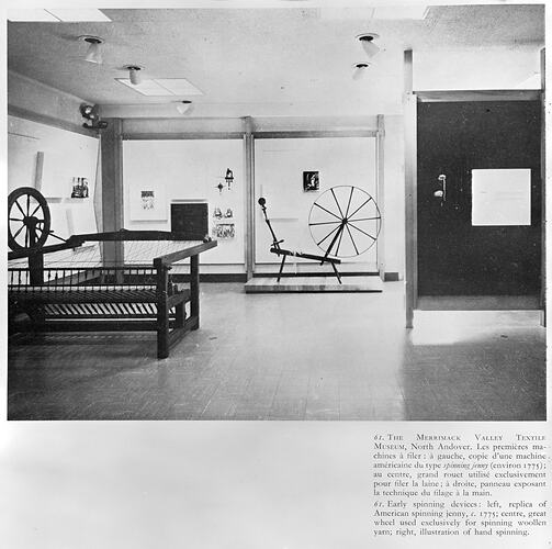 Spinning wheel and loom at the Merrimack Valley Textile Museum, North Andover, Massachusetts, United States, c. 1960s