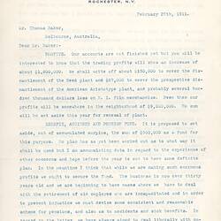Letter - George Eastman to Thomas Baker, 27 Feb 1911