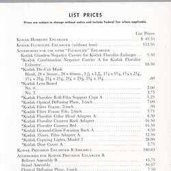 Price List - Eastman Kodak, 'Kodak Enlarging Equipment', Feb 1951