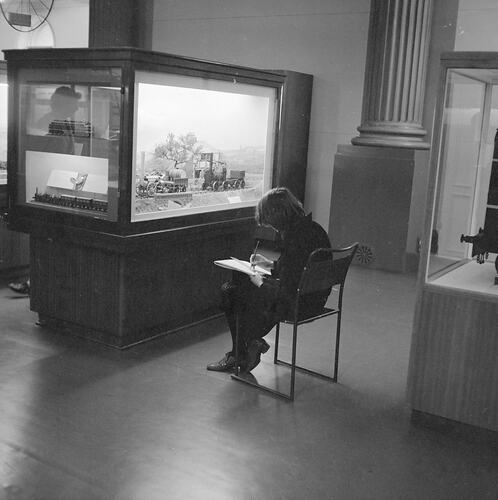 Art student from R.M.I.T. in Queen's Hall, Institute of Applied Science (Science Museum), Melbourne, 1968