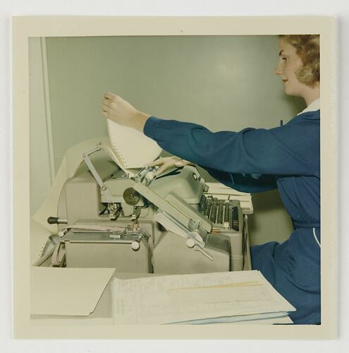 Slide 120, Worker Operating Flexowriter Accounting Machine, Kodak Factory, Coburg, 'Extra Prints of Coburg Lecture' album, circa 1960s