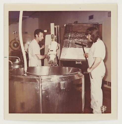 Slide 502, 'Extra Prints of Coburg Lecture', Workers Preparing Emulsion Mixing Vat, Kodak Factory, Coburg, circa 1960s