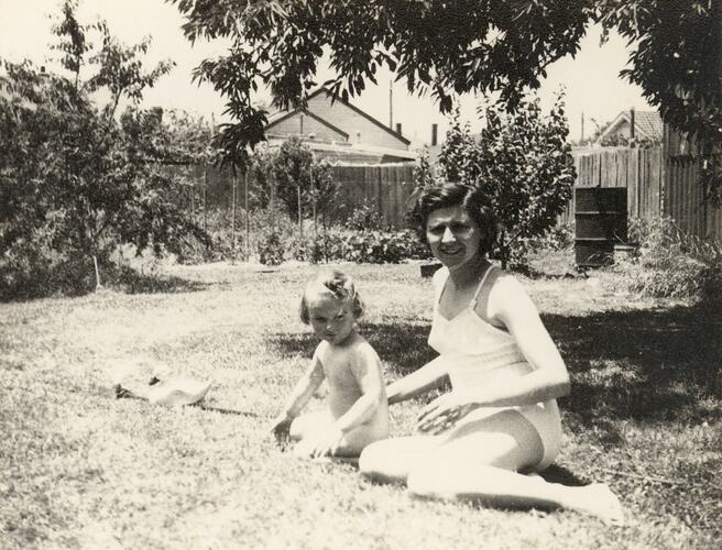 Eileen & Susan Leech Sitting Next to Sprinkler in Backyard, Frankston, circa 1954