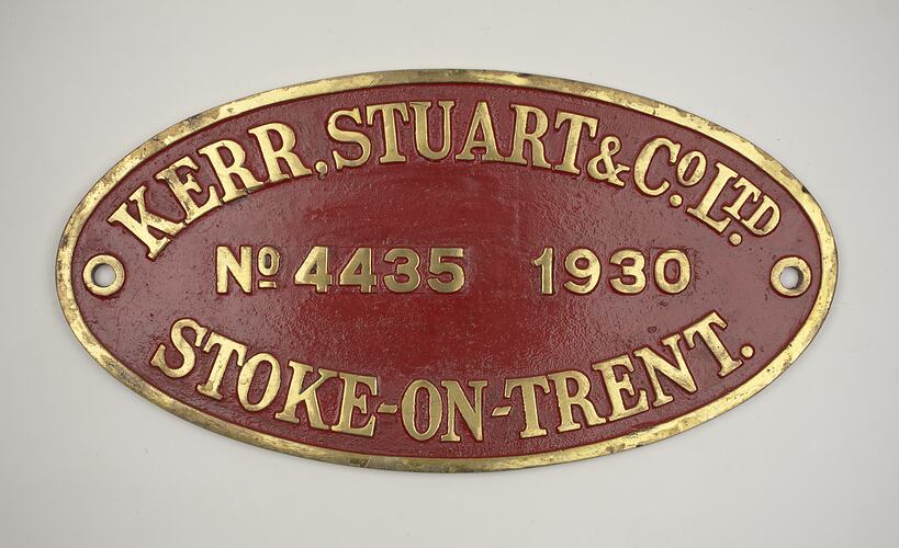 Locomotive Builders Plate - Kerr Stuart & Co. Ltd, Stoke-on-Trent, England, 1930
