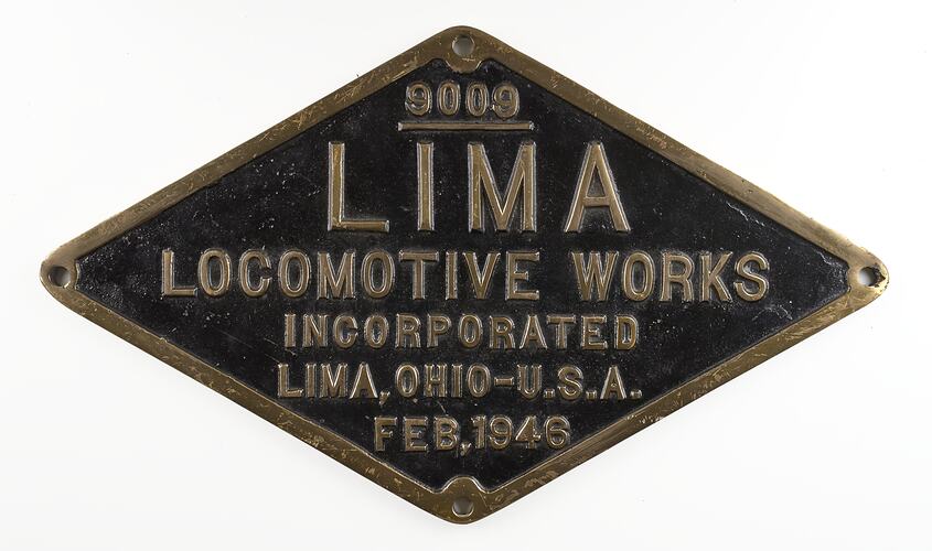 Locomotive Builders Plate - Lima Locomotive Works, Lima, USA, 1946