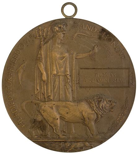 Bronze coloured medal with lion and woman holding trident and wreath.