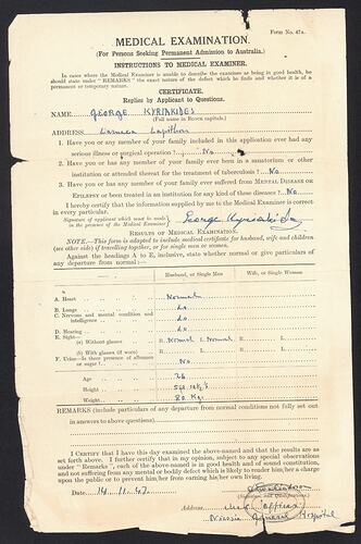 Certificate - Medical Examination, George Kyriakides, Nicosia General Hospital, Cyprus, 14 Nov 1947
