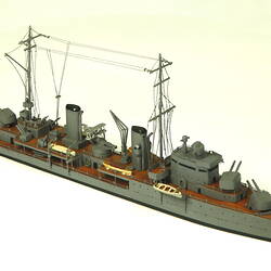 Naval ship with two masts, three quarter view.