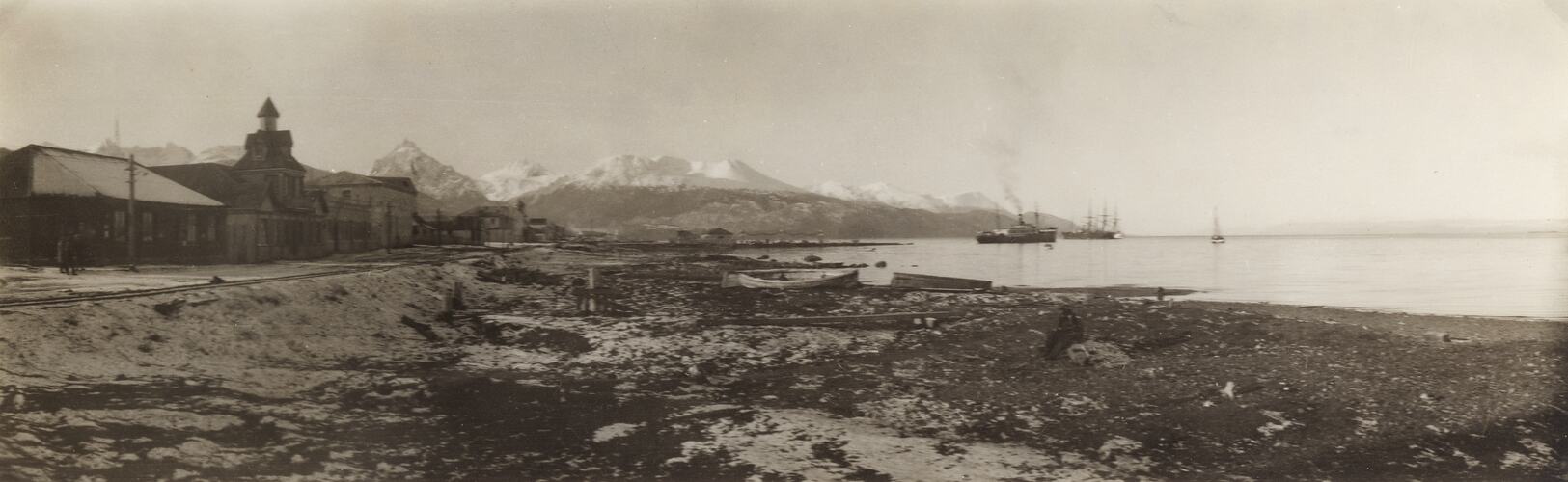 Panorama depicting Ushuaia, Tierra Del Fuego, showing Mount Olive, c.1929.