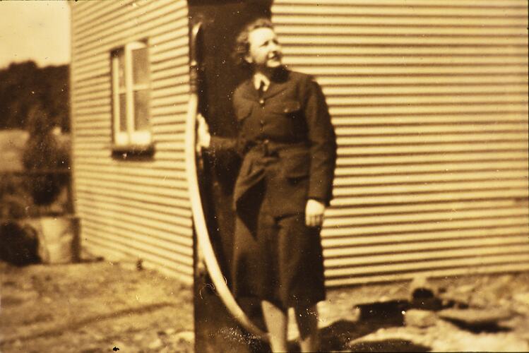 Mrs Bull at Royal Australian Air Force Petrol Pump, Exhibition Building, World War II, 1939-1945