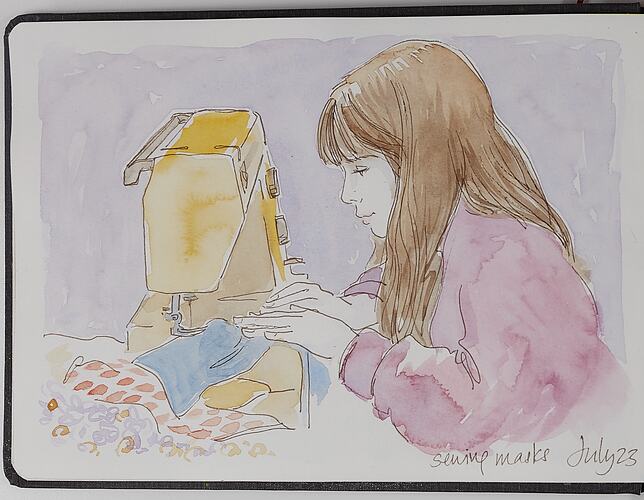 Sketch Of Teenager Sewing Masks During COVID-19, Barwon Heads, 23 Jul 2020