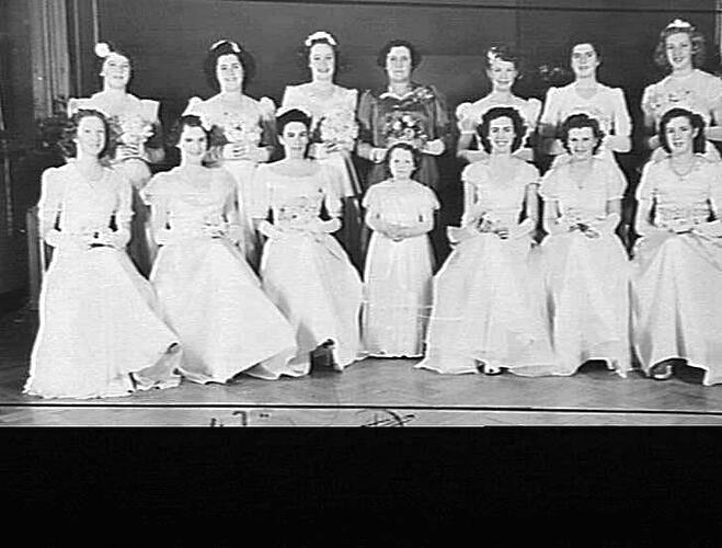 DEBUTANTES AND THEIR ASSISTANTS AT SYDNEY BRANCH'S THIRD ANNUAL STAFF BALL MADE AN ATTRACTIVE PICTURE. BACK ROW, L. TO R. - MISSES COLLEEN MOORE, SHIRLEY CASEY, JOAN THOMAS, MRS M. SLOSS (MATRON OF HONOUR), AND MISSES JOY LAMMEY, DOROTHY COOPER AND MARJOR