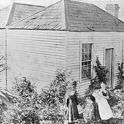 Negative - Woman & Children Outside Weatherboard House, Ballarat, Victoria, circa 1890