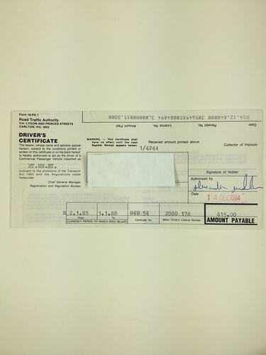 HT 56780, Driver's Certificate - Road Traffic Authority, Romanos Eid, Melbourne, 14 Dec 1984 (MIGRATION), Document, Registered