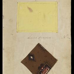 Page 8 of an unbound book containing two sewing samples. Yellow square and brown patterned piece.