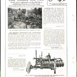 White page with black printed text and three images. One is a sketch of a plough, the other a plough in dirt,