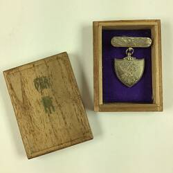 Decorative shield shaped medal suspended from bar pin in wooden box. Lid beside.