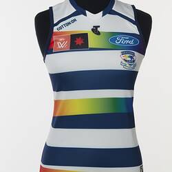 Women's AFLW guernsey with horizontal navy, white and rainbow stripes.