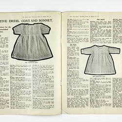 Printed knitting instructions with accompanying photographs of baby clothes in black and white.