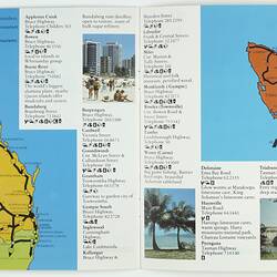 Open booklet. Printed list of restaurant locations with a coloured illustrated map of Queensland.