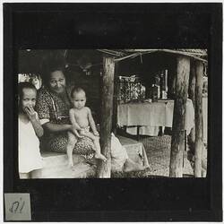 Lantern Slide - Woman with Two Children in Pavilion, Pacific Islands, circa 1930s
