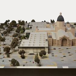 Architectural model of Royal Exhibition Building, Carlton Gardens with fountains, carpark and annexes.