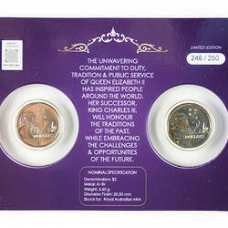 Purple coloured plastic card with two gold coins in clear plasxtic windows.
