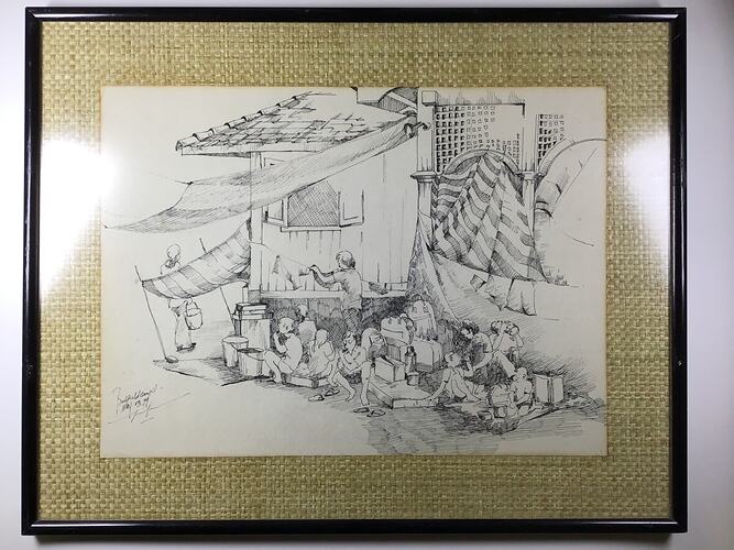 Pen and ink illustration of Malaysian village with people sitting or standing outside a building or hut. Black frame.