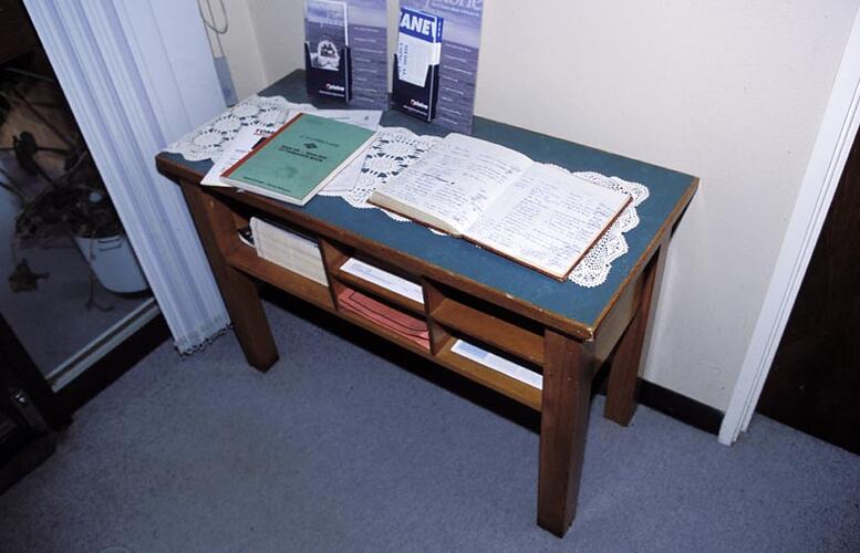 Entrance lobby table, with visitors' book. Melbourne Coastal Radio Station, Cape Schanck, Victoria
