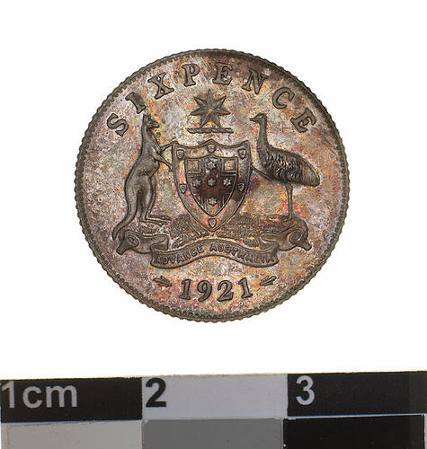 Specimen Coin - Sixpence, Australia, 1921, photographed by Museums Victoria