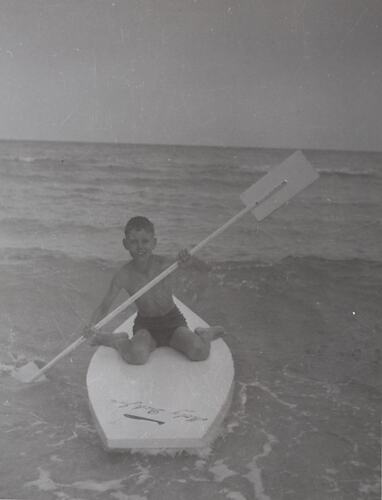 Digital Photograph - Boy Paddling Surf Board at Beach, Seaford, 1961