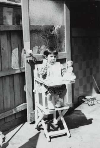 Digital Photograph - Girl in High Chair Eating Pasta, Backyard, Windsor, circa 1964