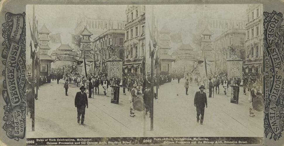 Digital Photograph - Rose's Stereoscopic Views,  Duke of York Celebrations, Chinese Procession & Chinese Arch, Melbourne, 1901