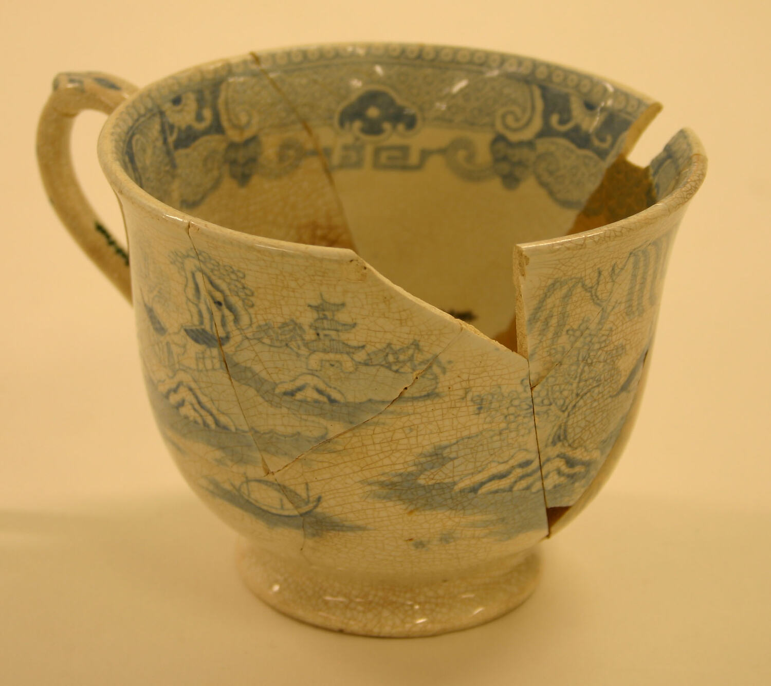 Tea Cup Whiteware, Blue Transferprinted, Two Temples Pattern