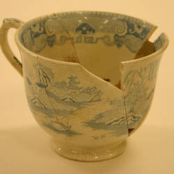 Tea Cup - Whiteware, Blue Transfer-printed, Two Temples Pattern, England (Fragment)